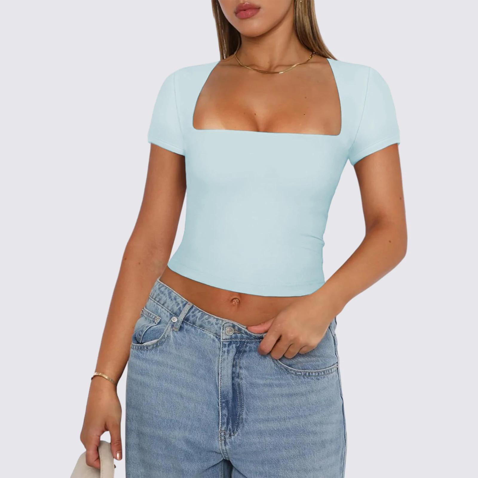 Women Short Sleeve Crop Tops Solid Color U-Neck Casual T-Shirts Summer Slim Fit T Shirts Club Streetwear