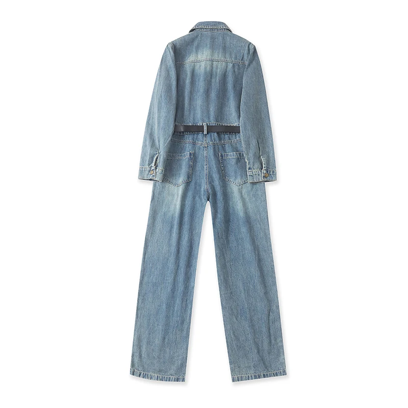 레트로 롱 슬리브 원지 데님 점프수트 여성용 페이크 투피스 스트레이트 팬츠 턴다운 칼라 봄 가을 신상