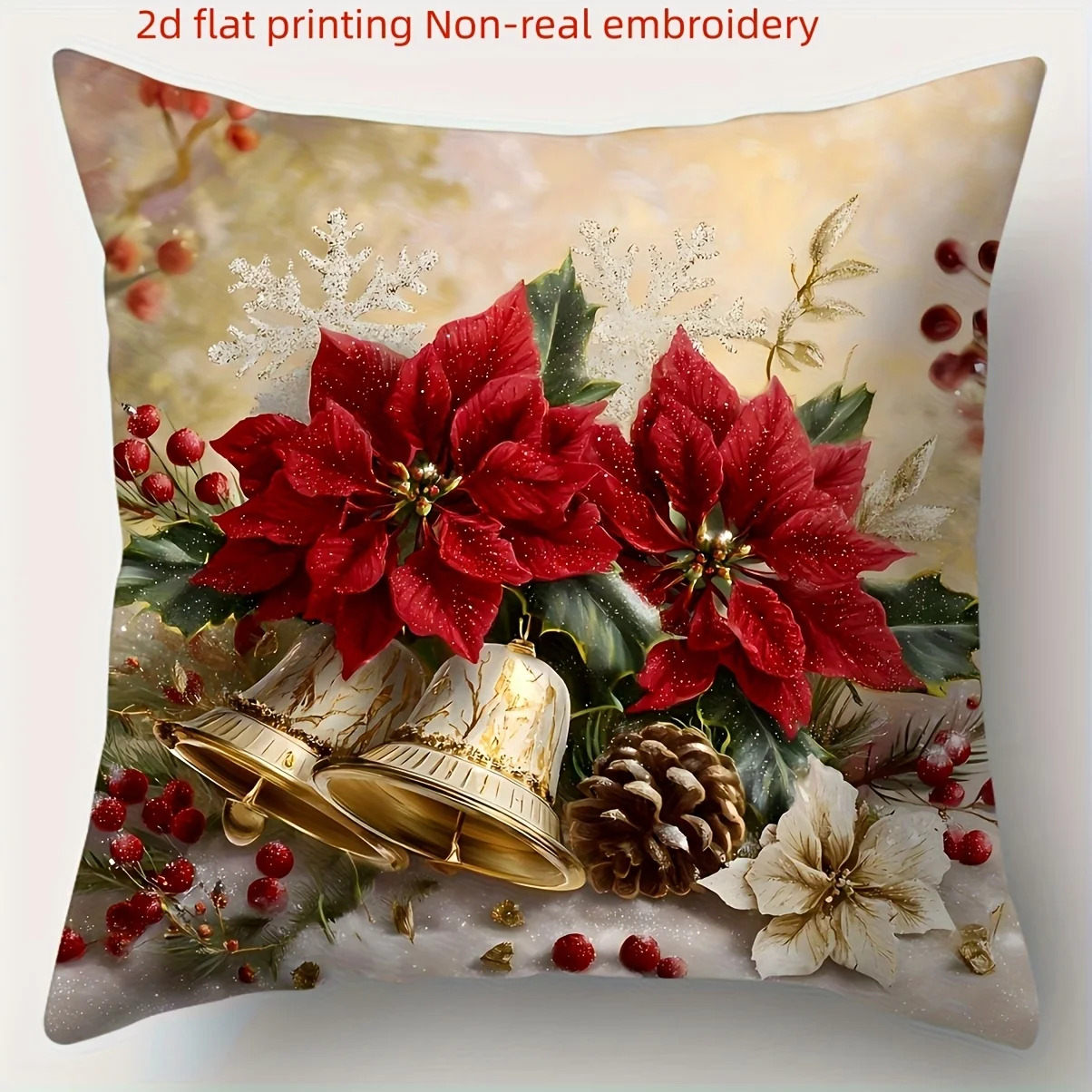 4pcs Christmas Pillow Covers Red Poinsettia Floral Holiday Decor with Golden Bells Candle Holders Zipper Closure