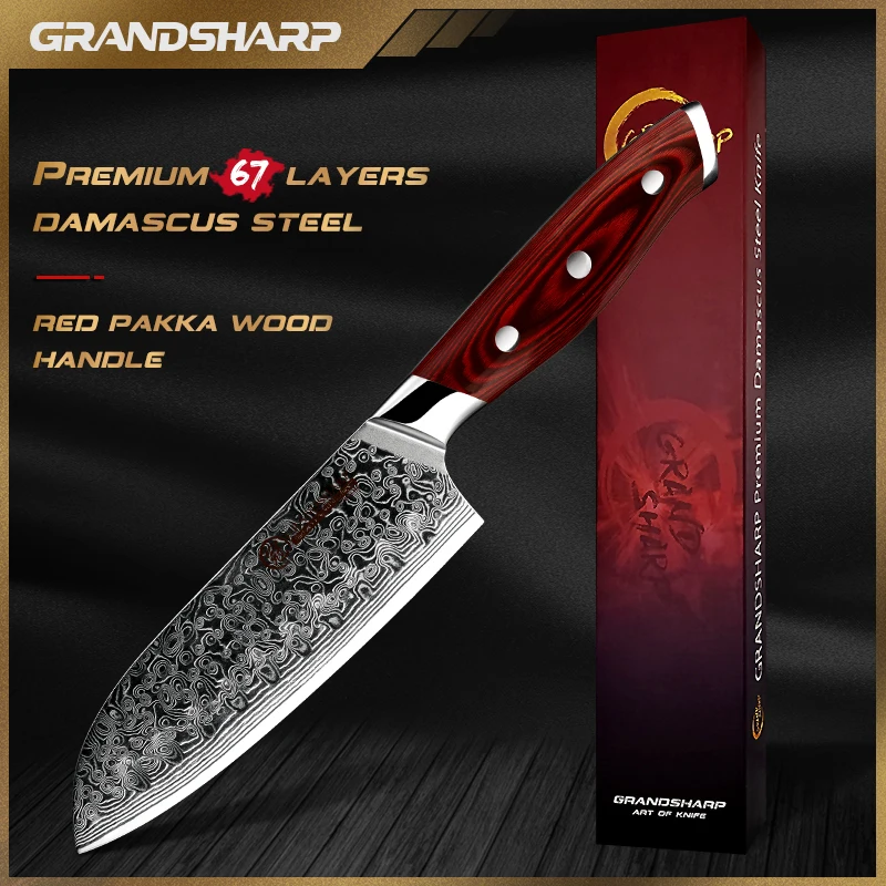 Grandsharp 5 Inch Santoku Knife Japanese Kitchen Knives Damascus Steel Chef Knife with Pakka Handle Full Tang Cooking Tools