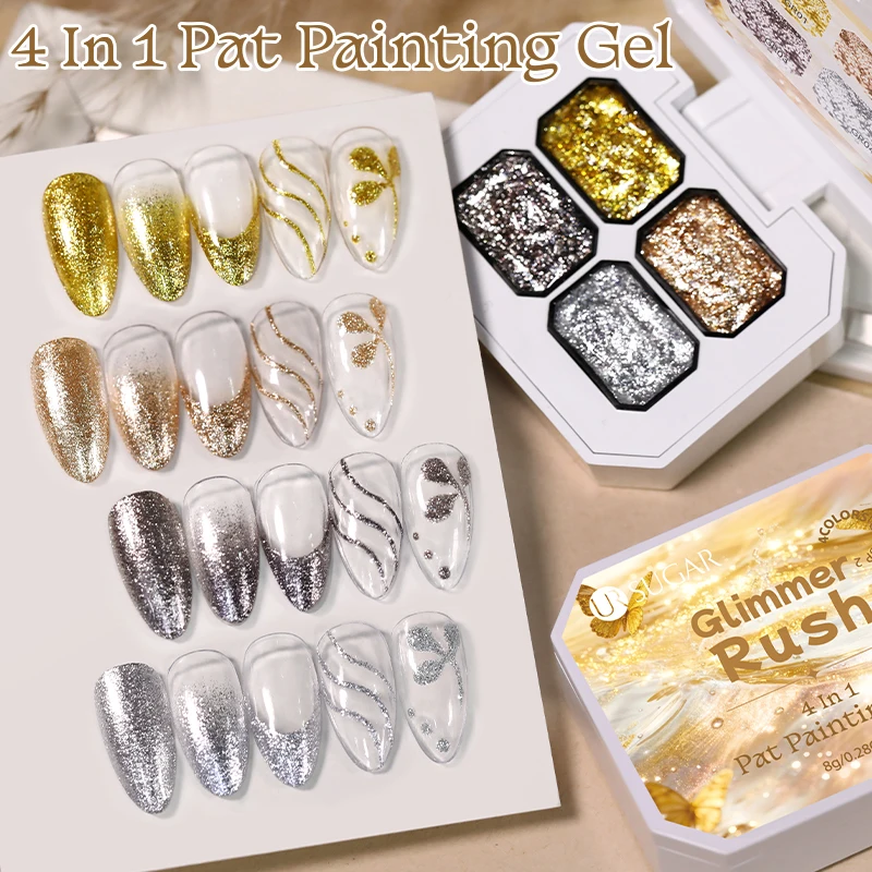 UR SUGAR 4 Colors/Group 4 In 1 Sparkly Pat Painting Gel Nail Polish Shine Gold Silver Lines Patting Painted Blush Soak Off UV Ge