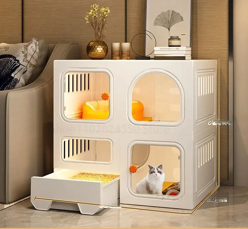 

Home Cat Cages Cat Litter Box Integrated Transparent Cat Villa Indoor Fence Pet Cabinet with Closed Toilet Pet House