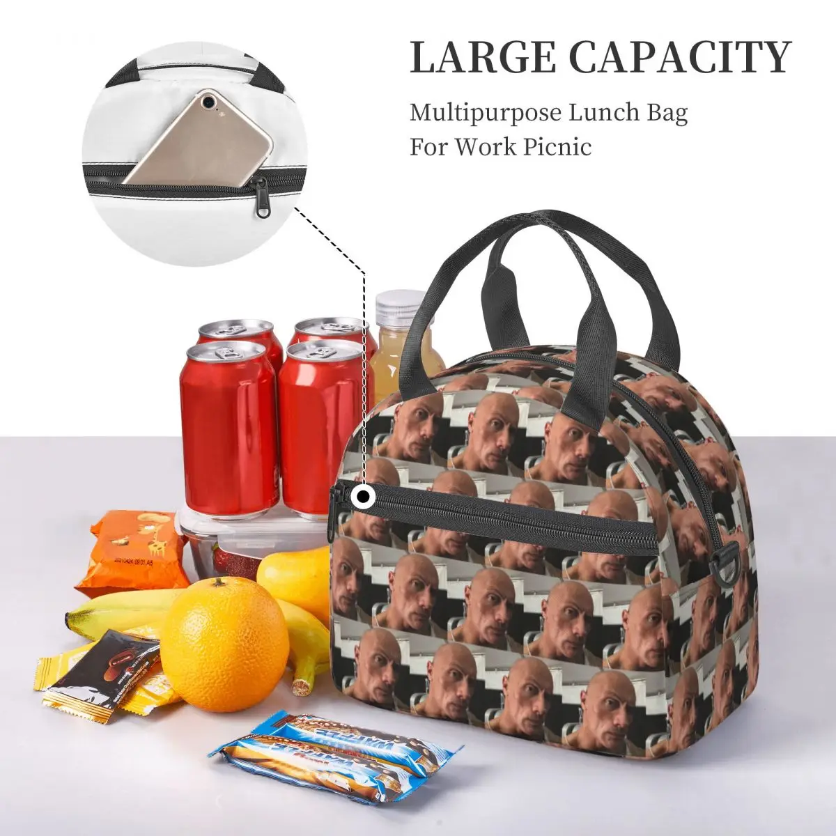 The Rock Eyebrow Meme Insulated Lunch Bag for Women Bento Storage Food Boxes Portable Cooler Thermal Lunch Box Tote