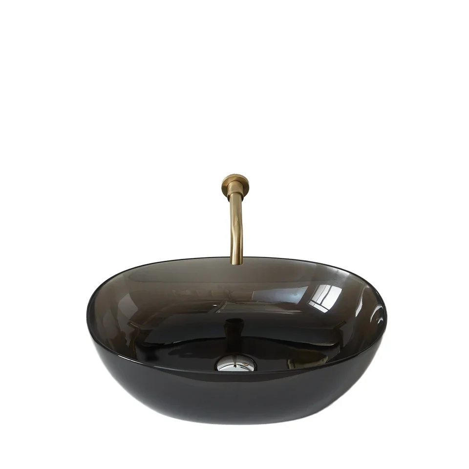 Modern Design Single Bowl Bathroom Sink Transparent Stone Resin 17.7'' Round Vessel Sink Above Counter Installation Pop-up Drain