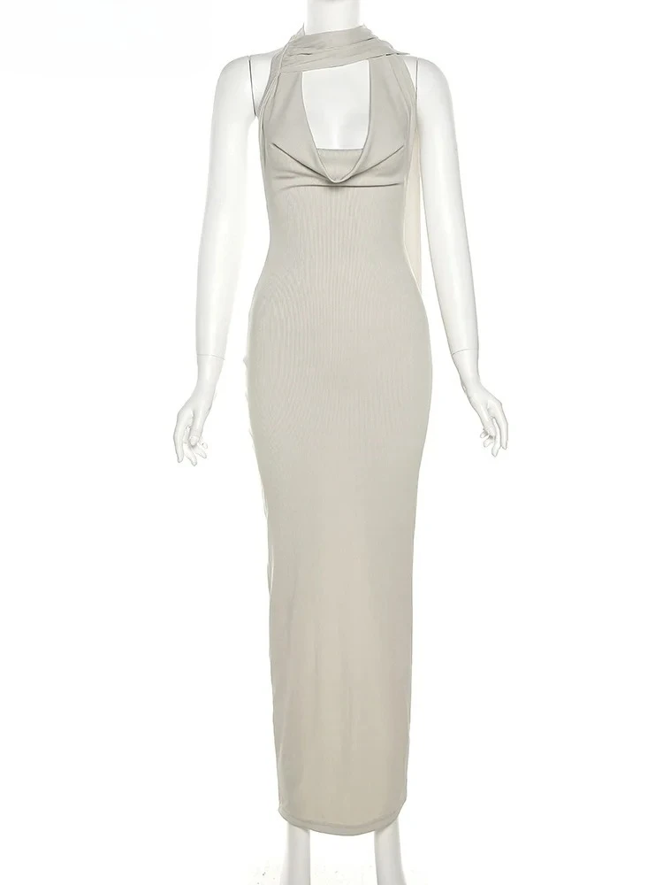 スイングカラー女性ドレススカーフ中空バックスプリットバックレスホルタースキニーフォーマルな機会ウエディングボディコン Vestidos