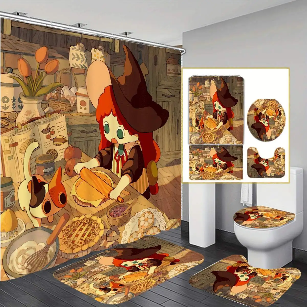 

Cute Witch in the Kitchen Bathroom Set: Waterproof Shower Curtain,Soft Contour Rug,Stylish Toilet Lid Cover,Non-Slip Bathtub Mat