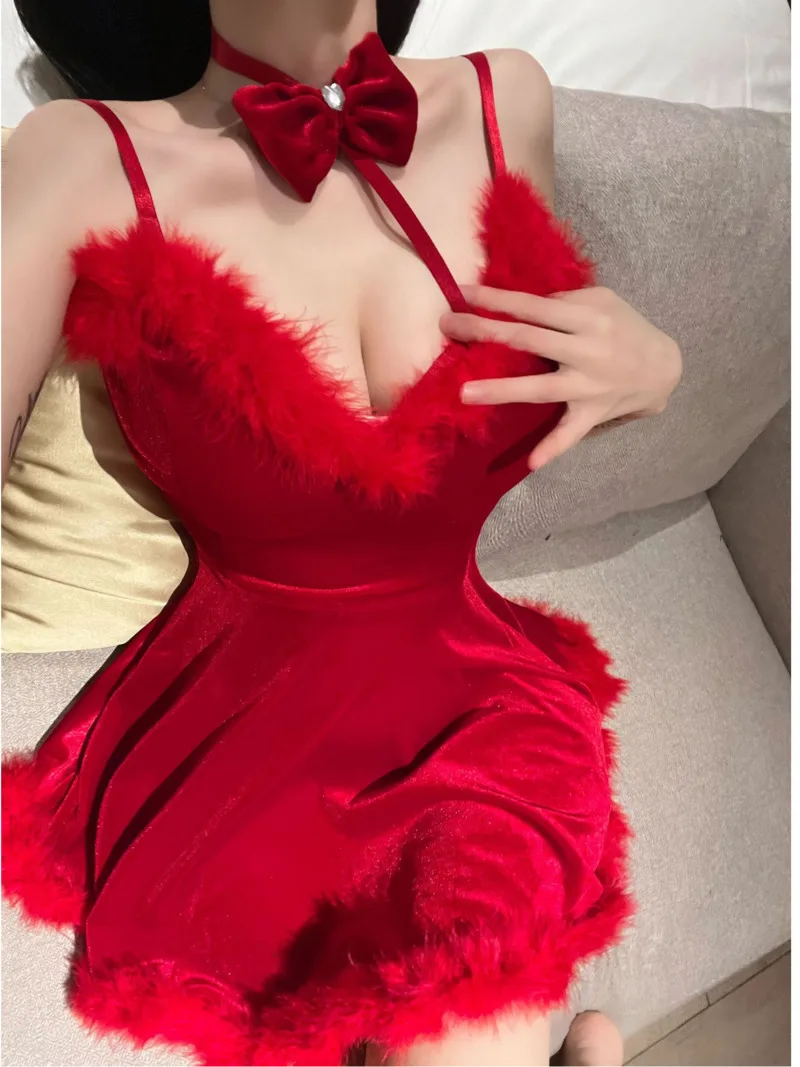 

WOMENGAGA Sexy Day New Year Fur Strap Christmas Dress Elegant For Women Autumn Fashion Sexy Korean Women Dresses 2023 New 73FE