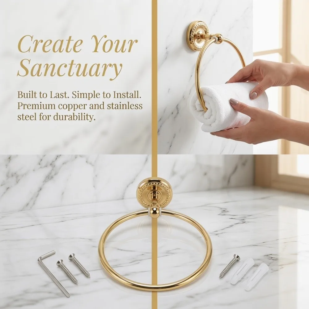 

Vintage Style Copper Towel Ring Golden Glossy Hand Feel Towel Rack Wall Mounted Round Round Towel Holder Bathroom Accessories