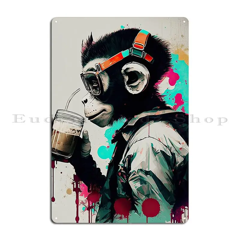 Monkey With Headphones And A Graffiti Drink Metal Plaque Poster Mural Wall Cave Garage Personalized Wall Decor Tin Sign Poster