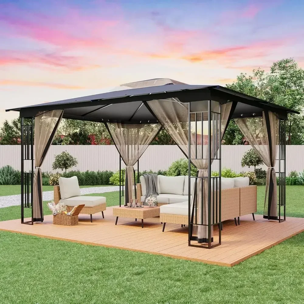 Heavy-Duty 13' x 11' Steel Outdoor Gazebo with Double-Tier Roof and Mosquito Netting for Garden Parties