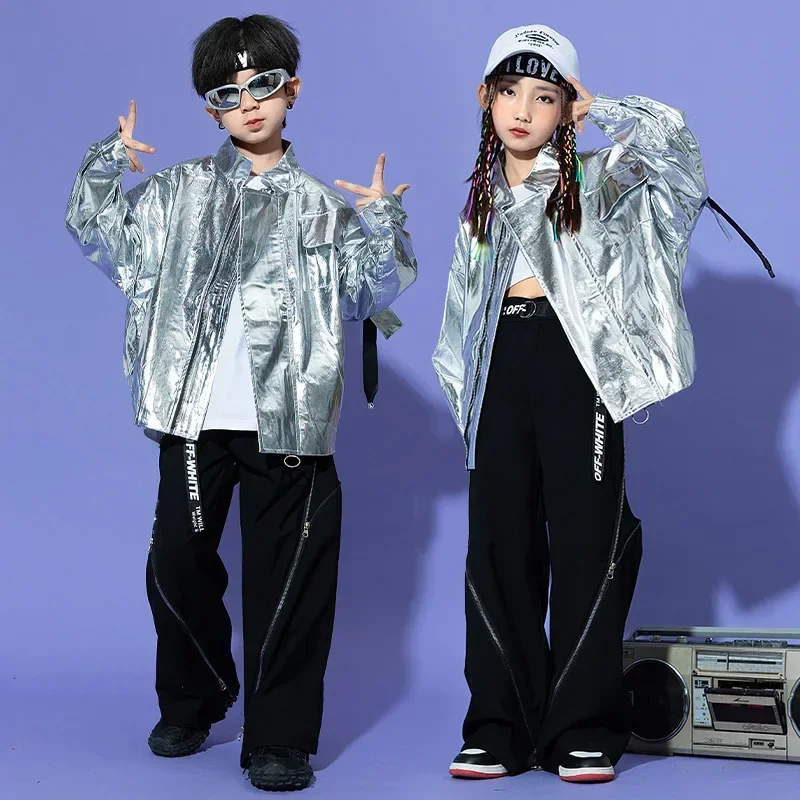 Kid Hip Hop Clothing Silver PU Motorcycle Jacket Coat Top Black Casual Wide Zipper Pants for Girl Boy Jazz Dance Costume Clothes