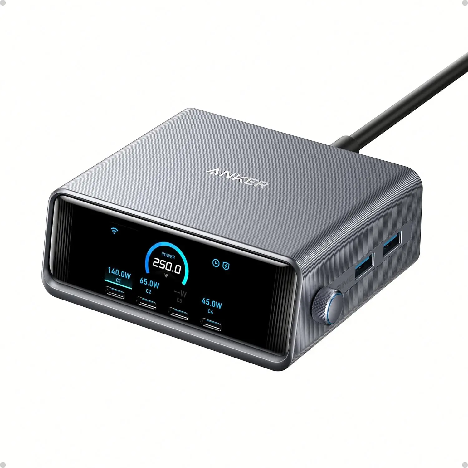 

Anker Prime Charger, 250W GaN Prime USB C Charging Station, Ultra-Fast 6-Port, 2.26" LCD Display and Smart Control Dial