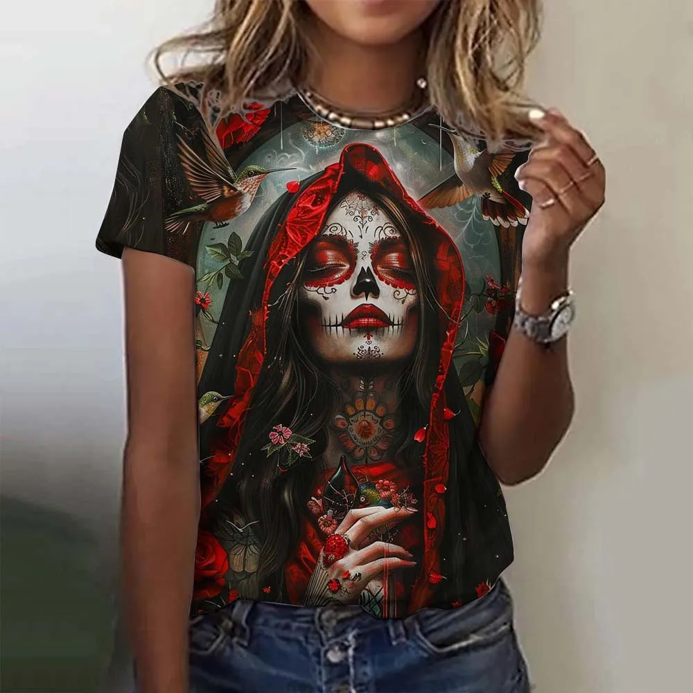 Women's T-shirt for Girls Summer Short Sleeve Casual Sexy Girls Clothes Day of the Dead Undead Skull Pattern oversized T-shirts