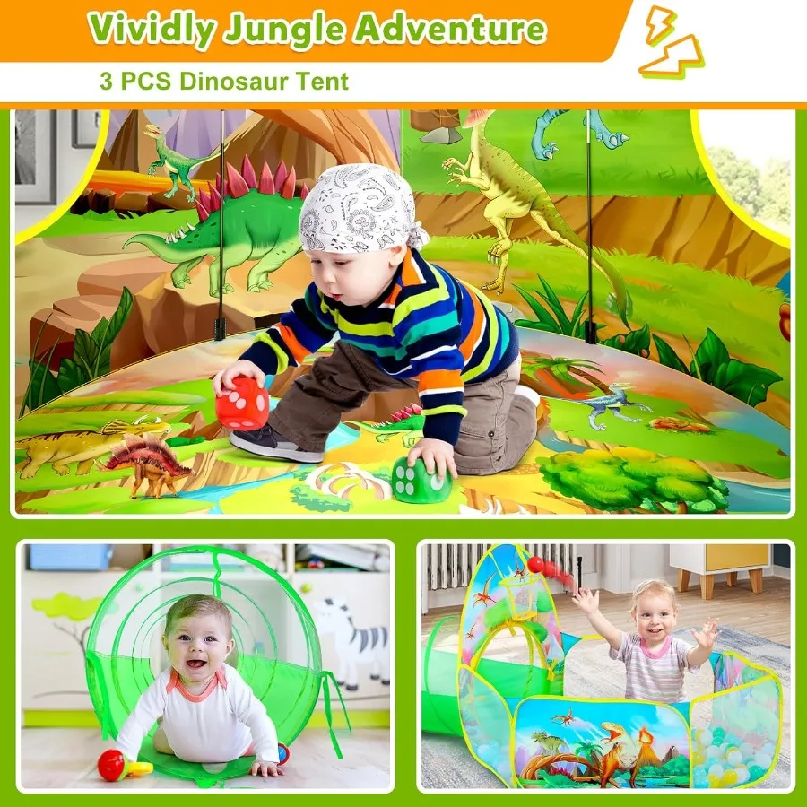 3-teiliges Dinosaurier-Spielzelt für Jungen mit Bällebad, Krabbeltunnel, Spielzelte für Kleinkinder, Baby, Weltraum, Spielhaus, Spielzeug für Jungen, Indoora