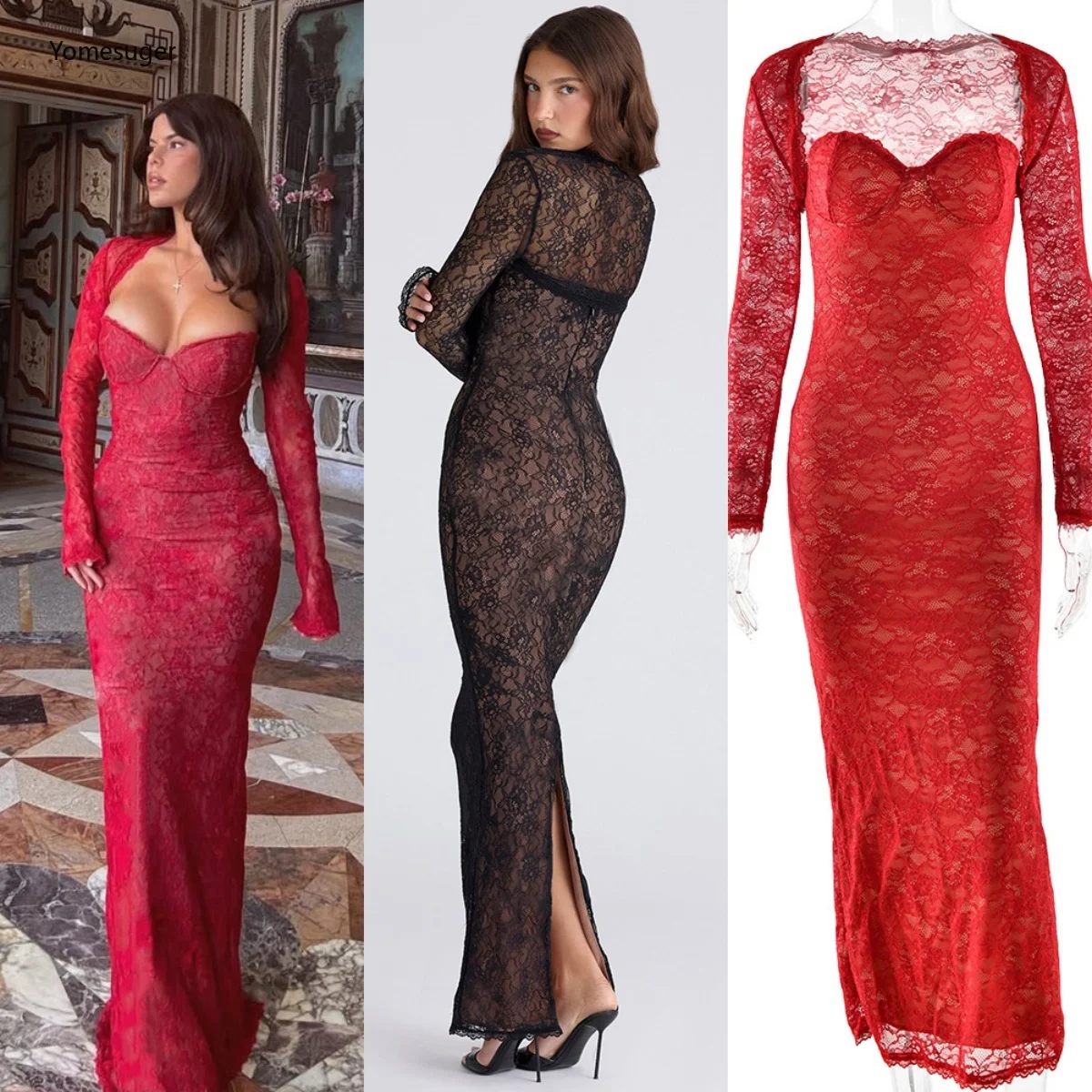 

Женский сексуальный комплект Yomesugar из двух предметов: кружевной прозрачный укороченный топ с длинными рукавами + облегающее платье-русалка без бретелек, подходящее для вечеринок и клубов