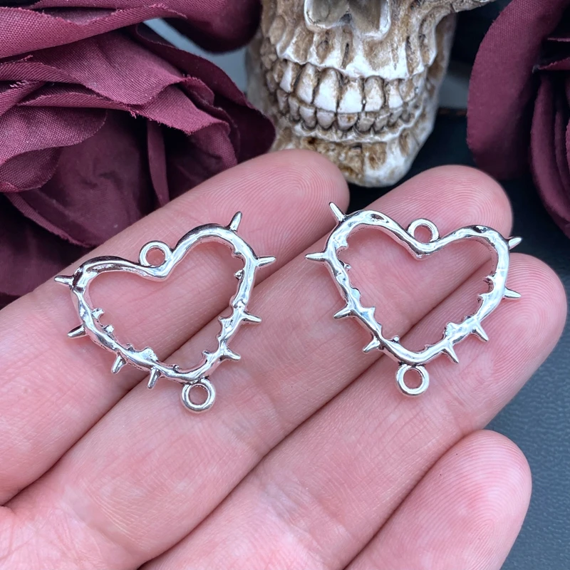 6pcs 31*28mm Goth Antique Silver Color Thorn Heart Connector Charms Pendants For Earrings Jewelry Making DIY Jewelry Findings ﻿