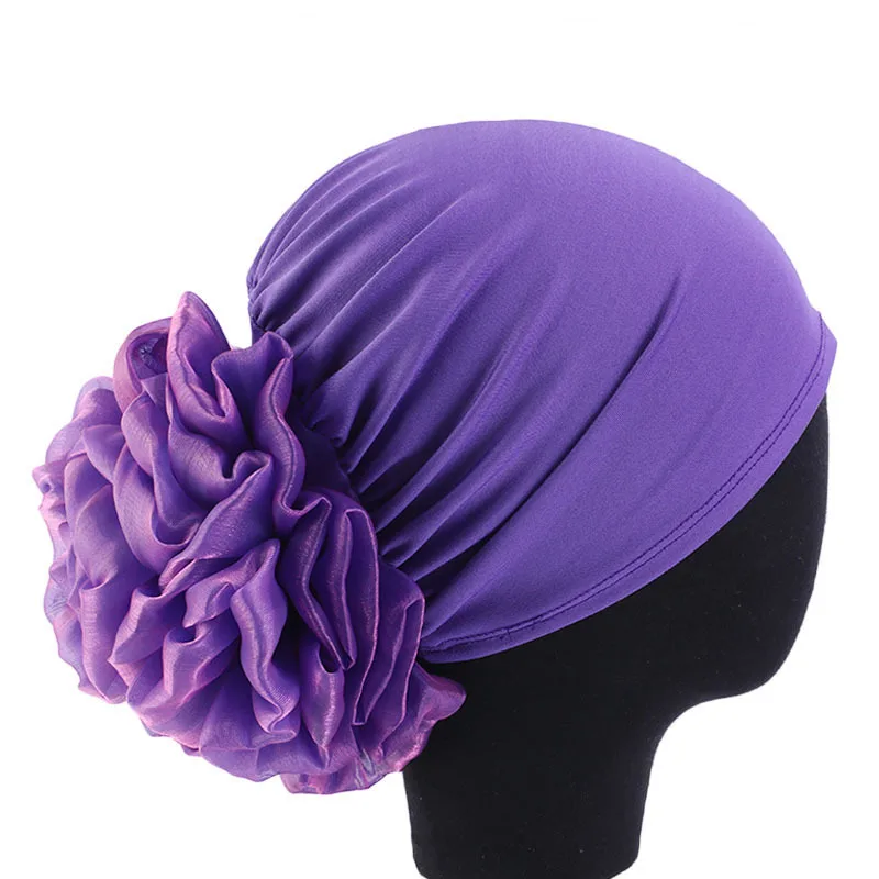 Elegant Women Satin Flower Turban Hat Muslim Headscarf Bonnet Head Wraps for Lady Hair Accessories Headwear Hat Turbante Mejur