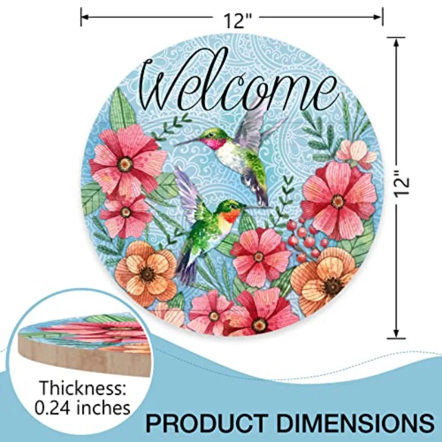 Welcome Spring Hummingbird Birds Sign for Front Door Decor Floral Flowers Wood Door Hanger for Outdoor Outside Porch, Seasonal
