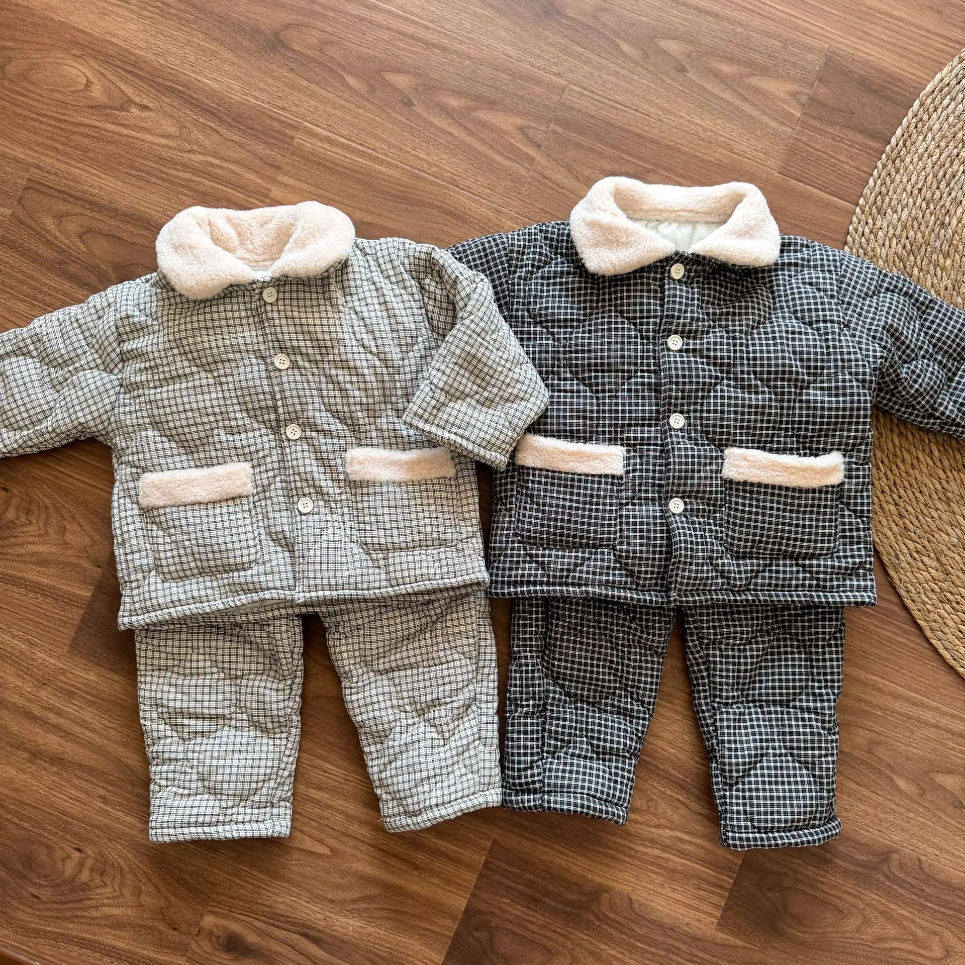 Plaid Children's Sets Sleepwear Pajama Set Autumn Winter Warm Plush Lining Kids Jacket and Pants for Boys and Girls Sets