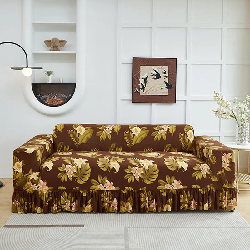 Printed Elastic Sofa Cover with Skirt Hem All-Seasons Full Cover Couch Slipcover Anti-Dirt Multi Functional Home Accessories