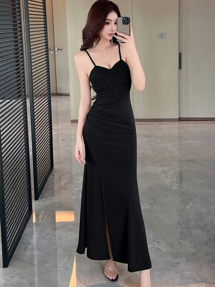 2025年 グリーン プリーツ ボディコン セクシー スリング ロングドレス レディース エレガント ラグジュアリー スリット ドレス 夏 韓国 ヴィンテージ フェスティバル パーティー ワンピース