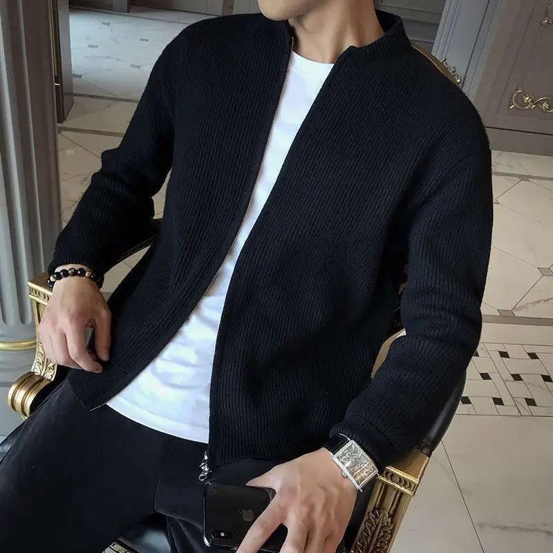 2023 New Spring and Autumn Korean Edition Trend Stand Collar Solid Color Pit Stripe Slim Fitting High-end Men\'s Sweater Cardigan