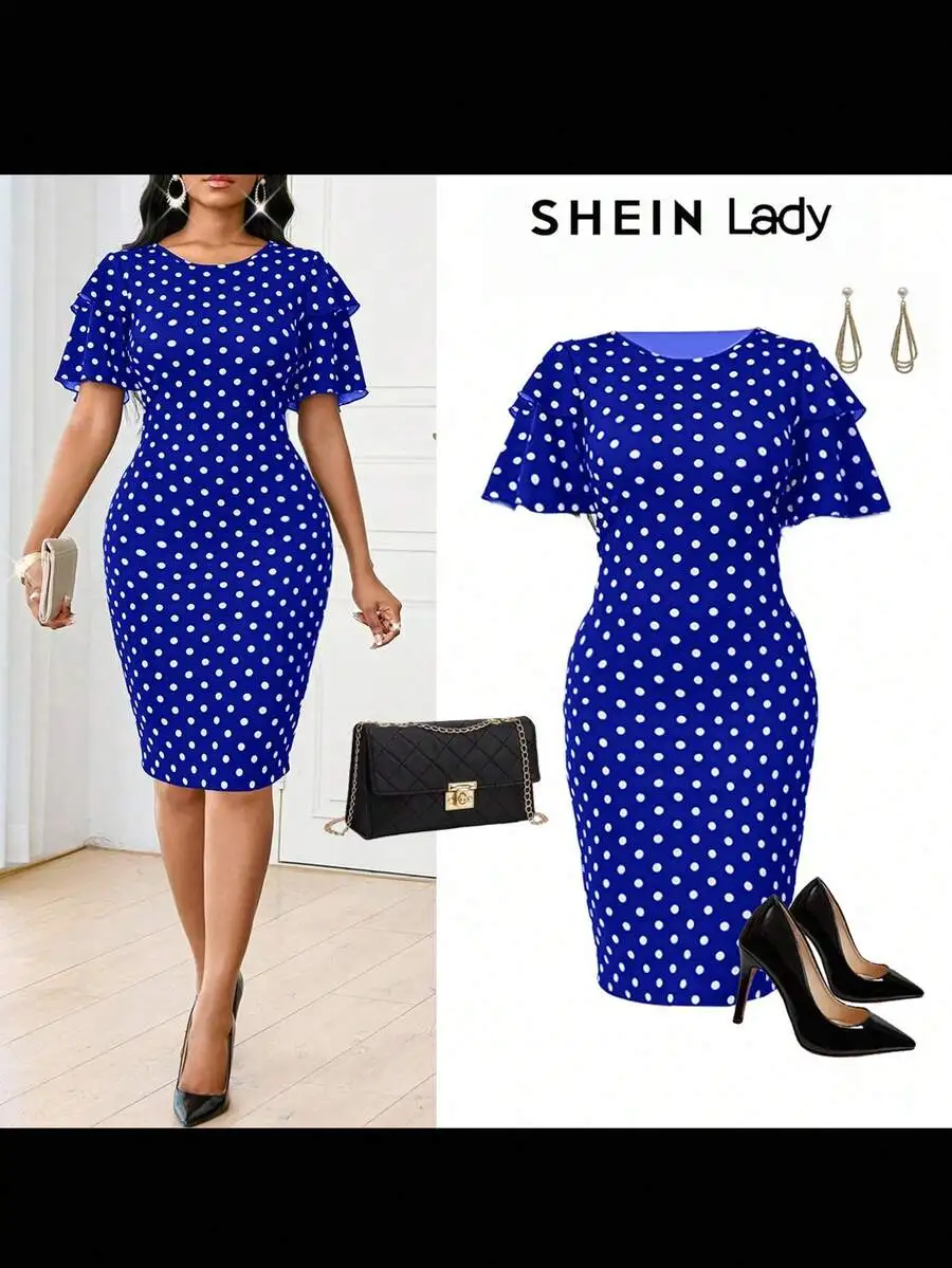 

Blue Polka Dot Ruffle Sleeve Bodycon Dress For Party Church Wedding