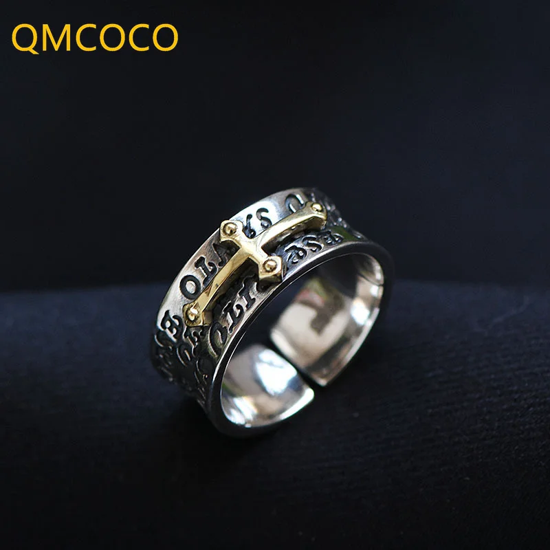 

QMCOCO Silver Color Vintage Cross Punk Ring Men Woman Fashion Trendy Jewelry Gifts Design Opening Adjustable Jewelry Accessories