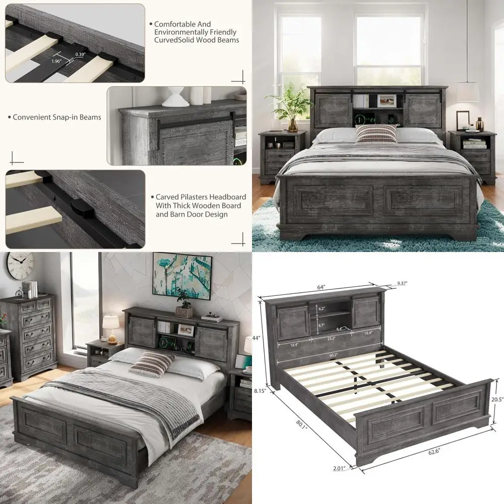 

Queen Size Storage Bed with Bookcase, Charging Station, Sliding Barn Doors, Light Gray