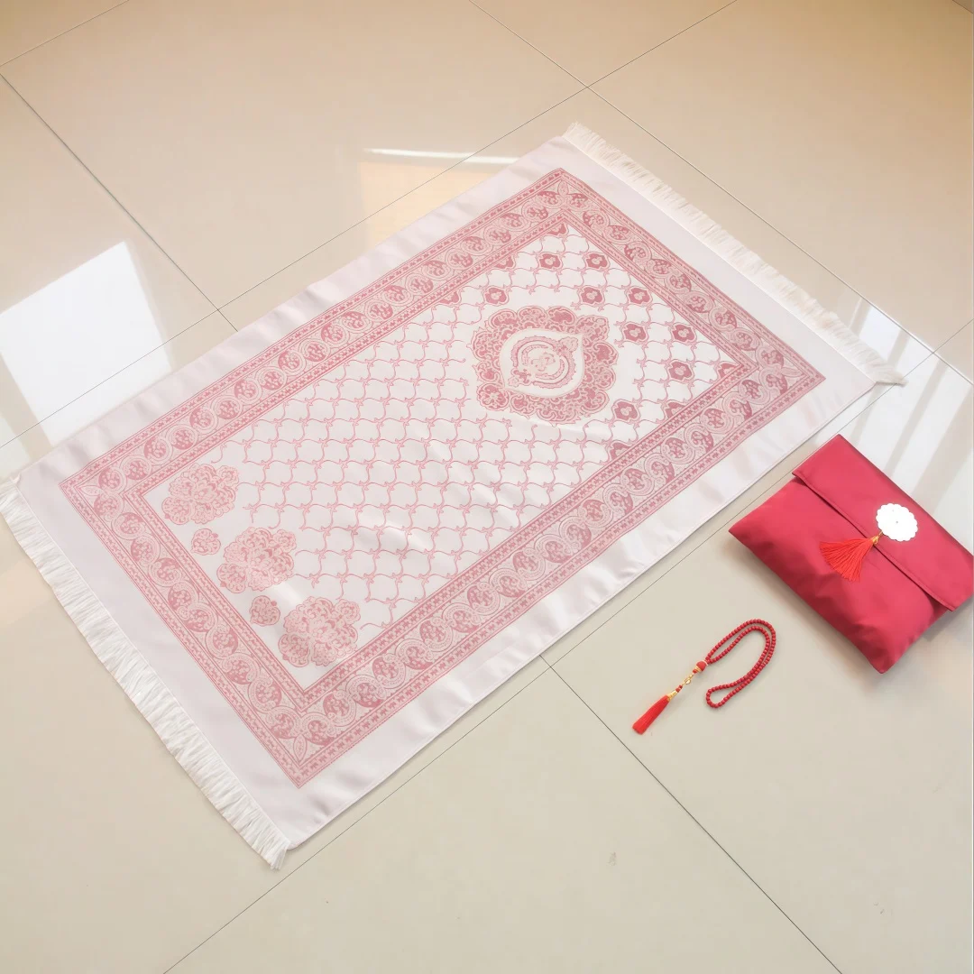 Three-piece Set of Imitation Silk Bag Prayer Mat, Printed Prayer Rug with Prayer Beads, Integrated Storage Portable Prayer Kit