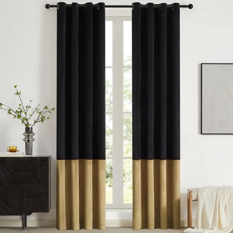 

Black Gold Color Block Window Curtains Panels 84 inches Long Velvet Farmhouse Drapes for Bedroom Living Room Darkening Treatment