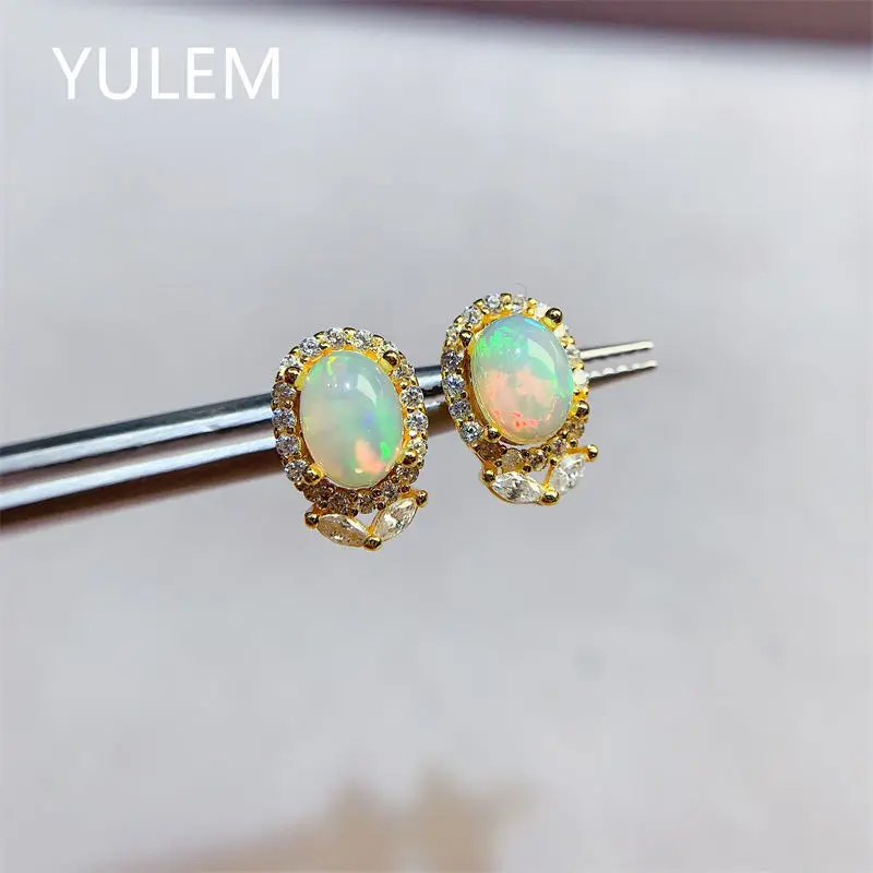 Oval Natural opal Stud Earrings For Women 925 Silver Simple Fine Jewelry Stone Gemstone Classic Style