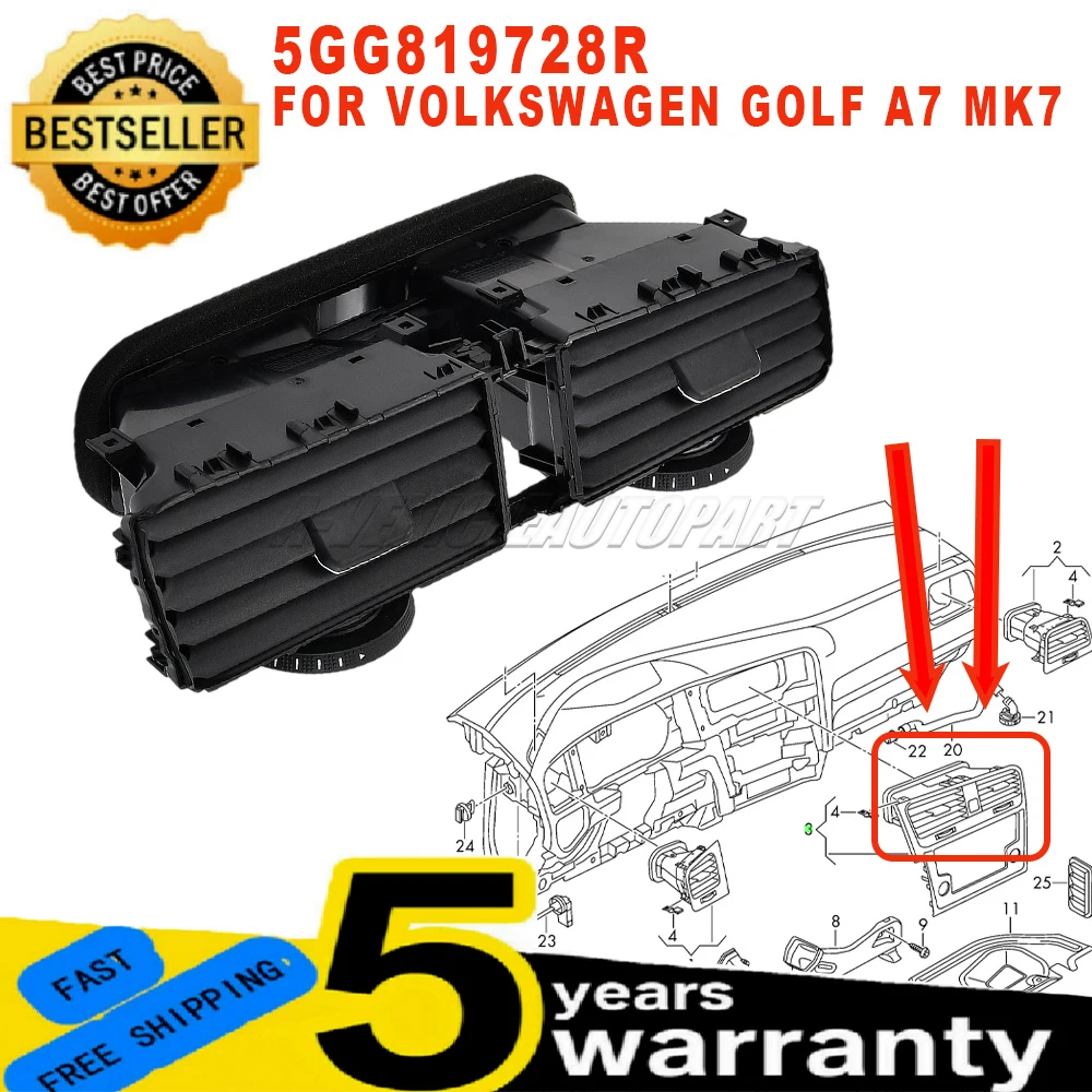 New 5GG819728R For VW Golf A7 MK7 2013-2020 Middle Front Dashboard Air Vent AC Grille Diffuser Panel ABS Black car accessories