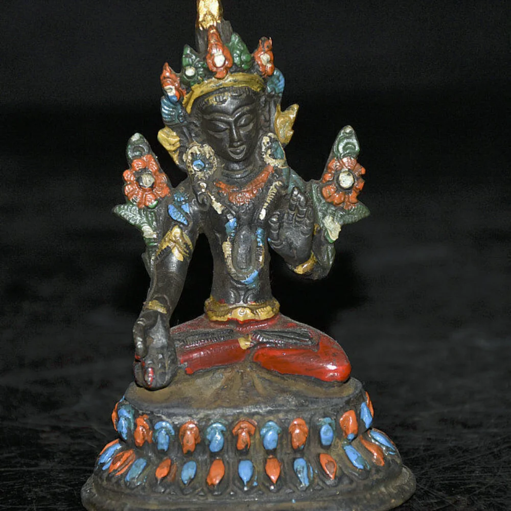 4.4 " Old Tibet Buddhism Bronze Painting Green Tara Buddha Lotus Statue
