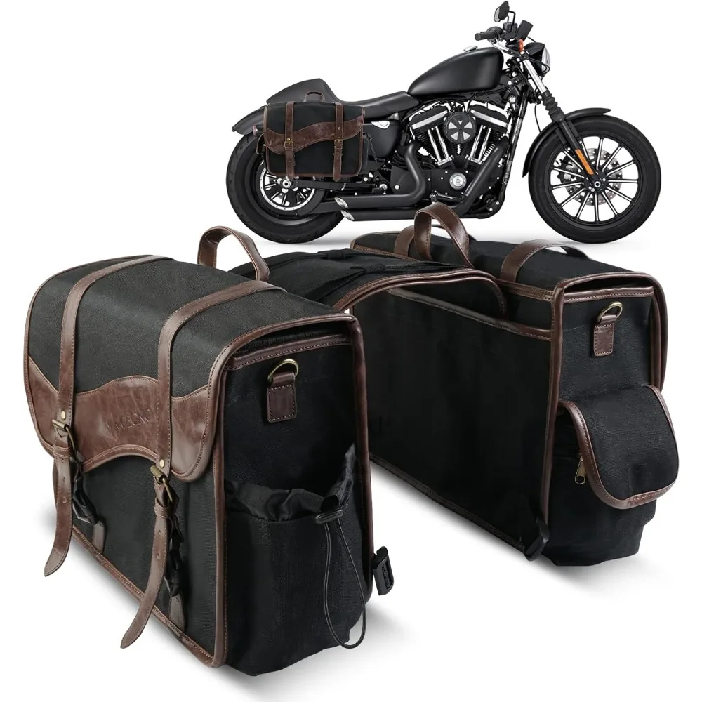 nicecnc motorcycle saddle bags, vintage oil waxed canvas saddlebags motorcycle panniers side throw over saddle bags compatible w