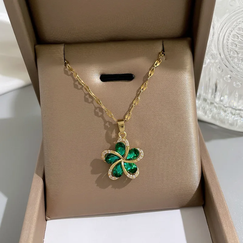 Stainless Steel Green Zircon Flowers Pendant Necklace For Women New Luxury Girls Lucky Chain Birthday Jewelry Gifts image 3