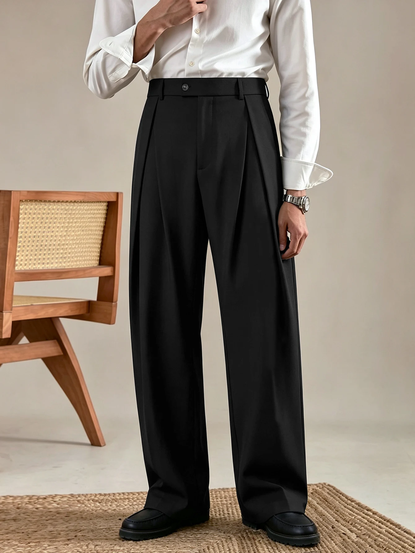 Men Fall Winter Solid Pleated Suit Trousers, Button Detail Elastic Waistband High Waist, Elegant Neapolitan Light Business Pants