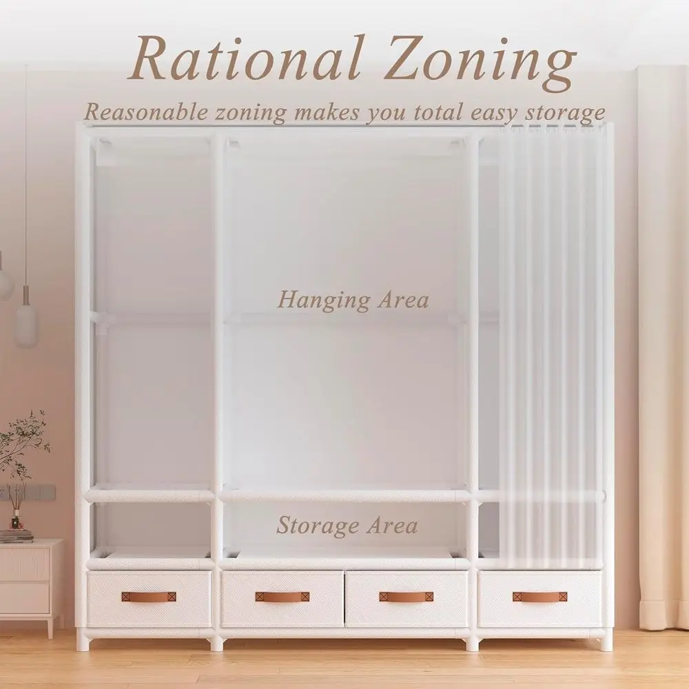 خزانة محمولة، خزانة ملابس، رف ملابس عالي التحمل مع غطاء، رف ملابس على الطراز الياباني مع 3 قضبان تعليق، 9 أرفف تخزين، 56