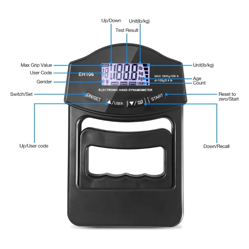 Digitale Handkrachtmeter Elektronische Greepsterktemeter 396lb/180kg Handdynamometer LED Backlit Handkrachtmeter
