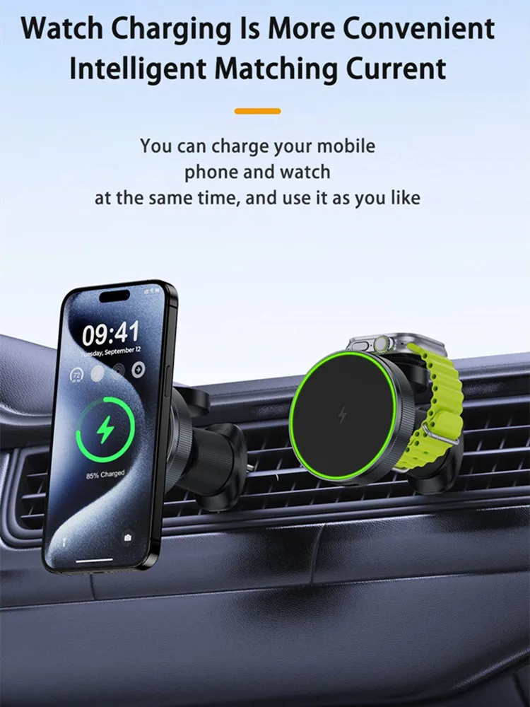 Nuovo caricabatterie Wireless per auto magnetico 2 In 1 per Apple Watch IWatch 8 7 6 iPhone 15 14 13 12 Pro Max supporto per ricarica rapida per auto