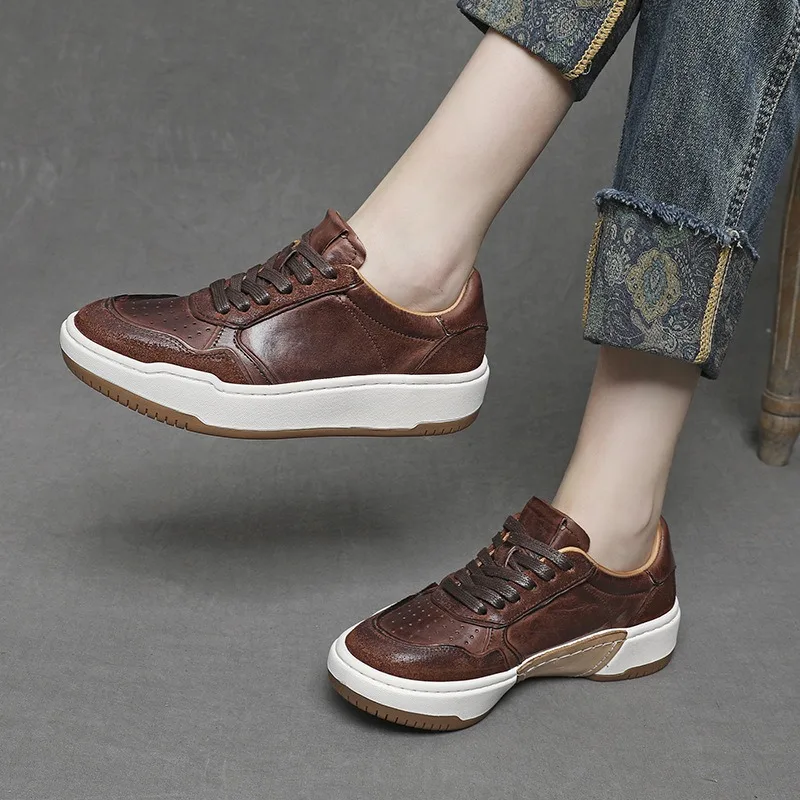 Washed Horse Leather Lace-up Sports Leisure Board Shoes Women's Versatile Handmade Little White Sneakers Soft Sole High-end