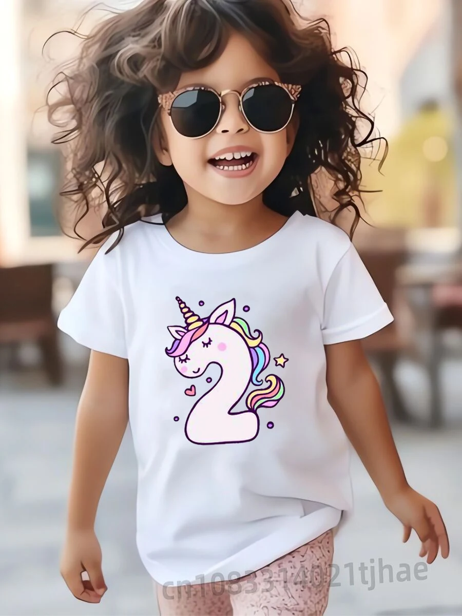 Cartoon Unicorn 0-9 Birthday Kids Tshirts for Girls Party T-shirts Baby Tops Children Tees Girl Clothes