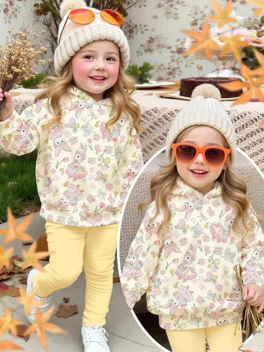 

Кремовая толстовка с капюшоном и цветочным принтом с изображением кролика, из мягкой хлопковой смеси, для девочек, осенне-зимняя повседневная одежда