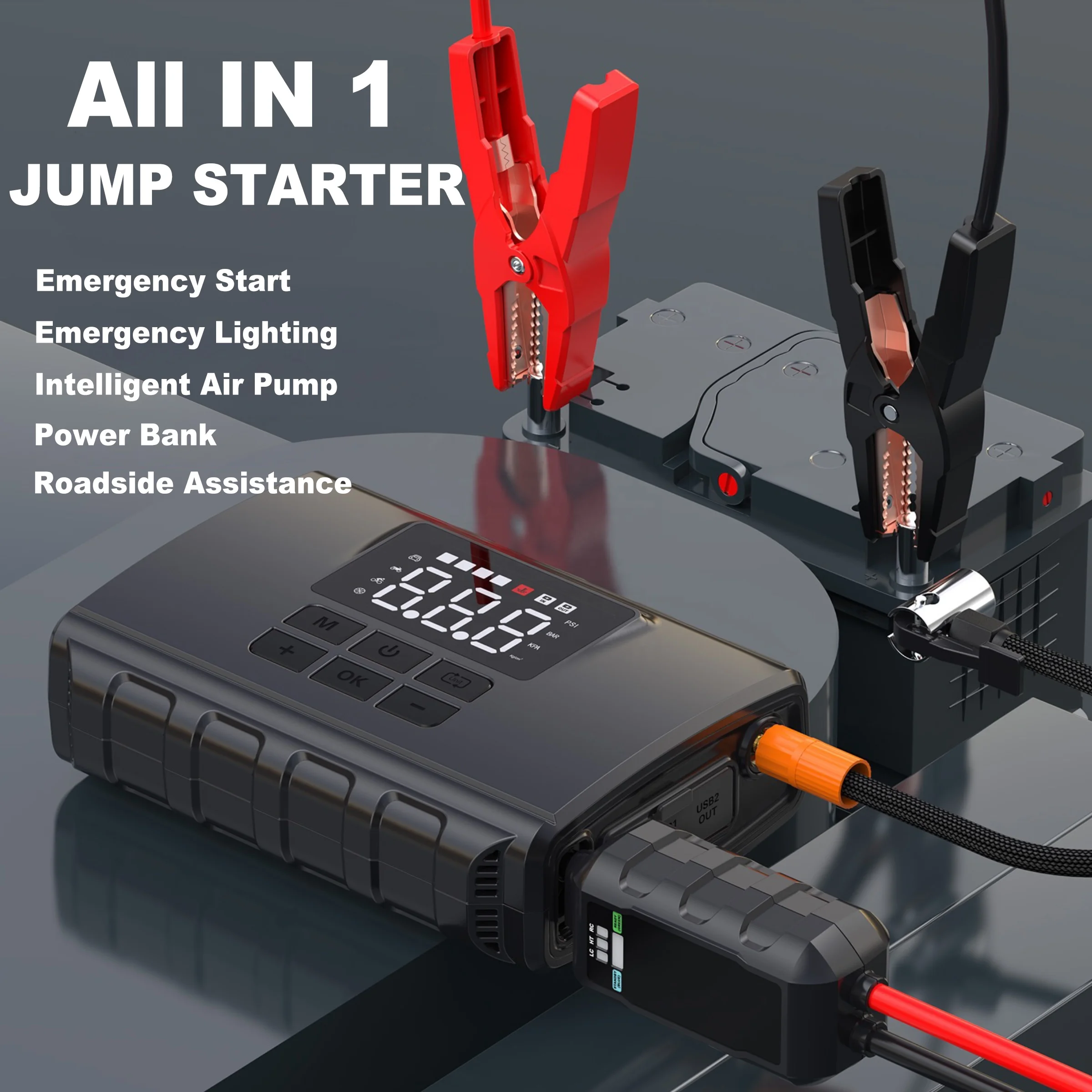

Hot Sale 12000mAh 1500A 44.4Wh Power Bank Tire Inflator Pump Portable Car Jump Starter Pack with Air Compressor