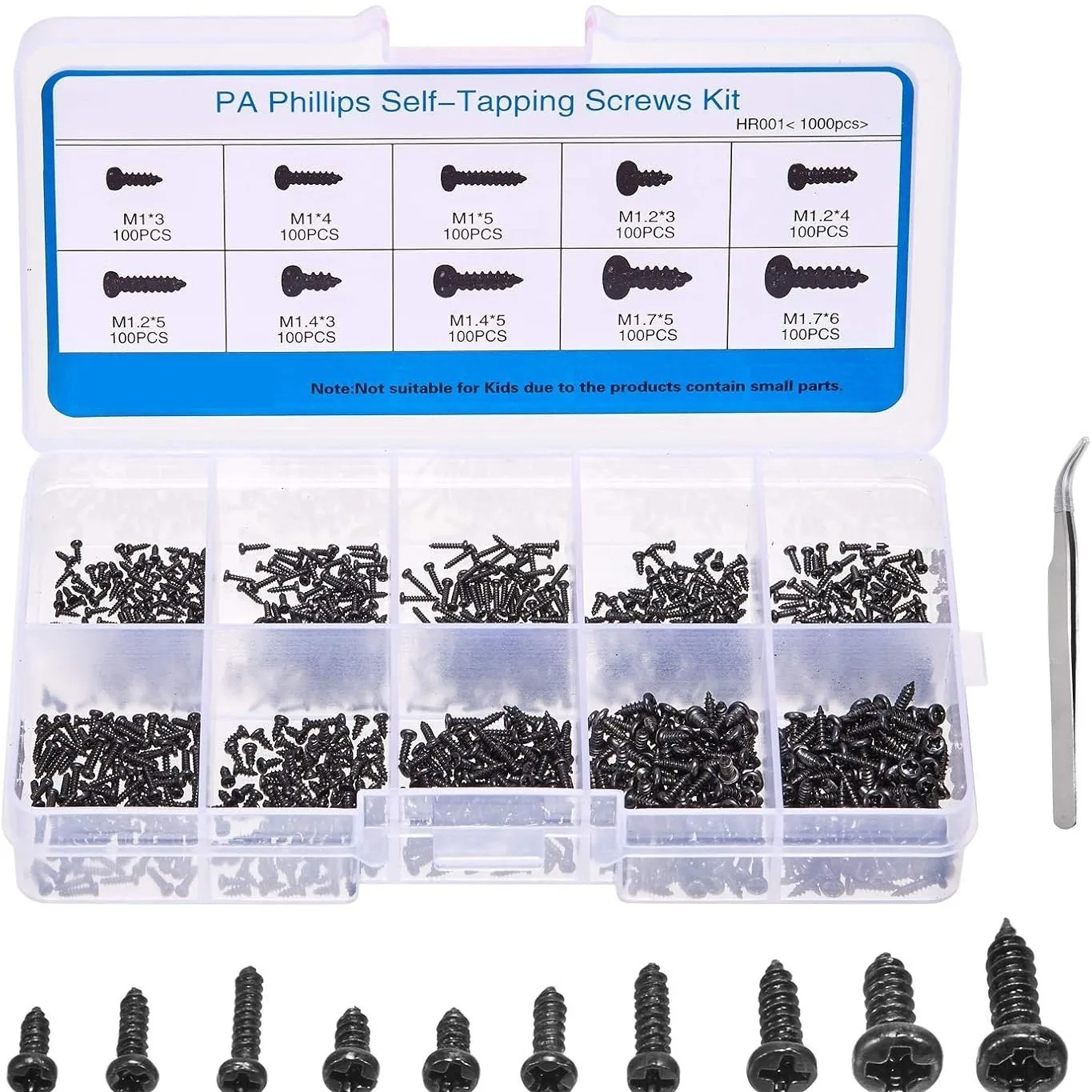 1000Pcs Black Cross Head Micro Screws Self Tapping Screw Combination Set M1 M1.7