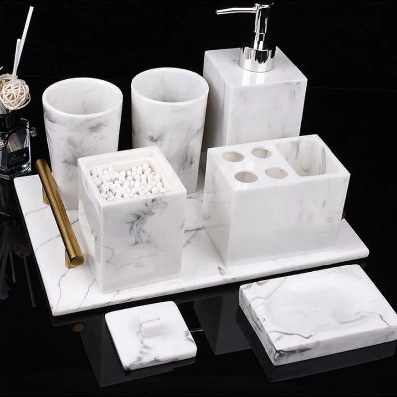 Resin Imitation Marble Bathroom Accessory Set Mouthwash Cup Soap Toothbrush Holder Shampoo Bottle Household Wash Set