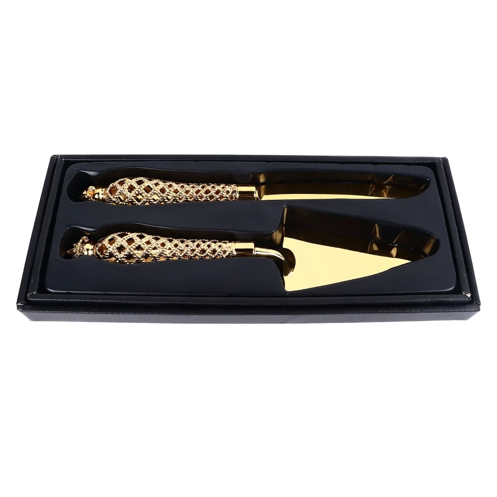 Gold Cake Knife and Server Set Zinc Alloy Non Slip Handle Engraved Cake Cutter Set Elegant Vintage Engraved