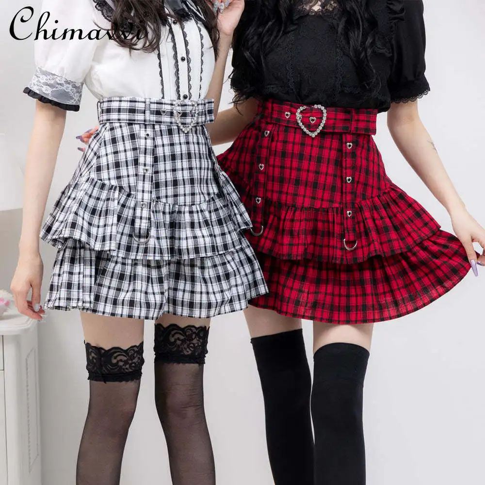 New Japanese Style Lolita Plaid Skirt 2024 Autumn Girls Cute Sweet Small Pettiskirt High Waist Women Above Knee Skirts All-Match