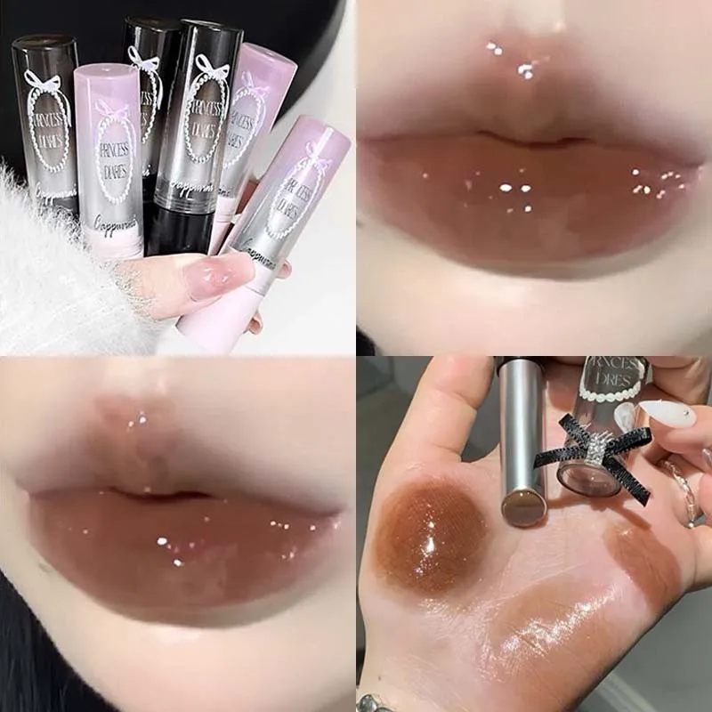 Brillo de labios sólido marrón caramelo, hidratante, lazo de encaje, espejo, lápiz labial de gelatina de cristal, taza antiadherente, maquillaje de tinte de labios regordete ligero de agua