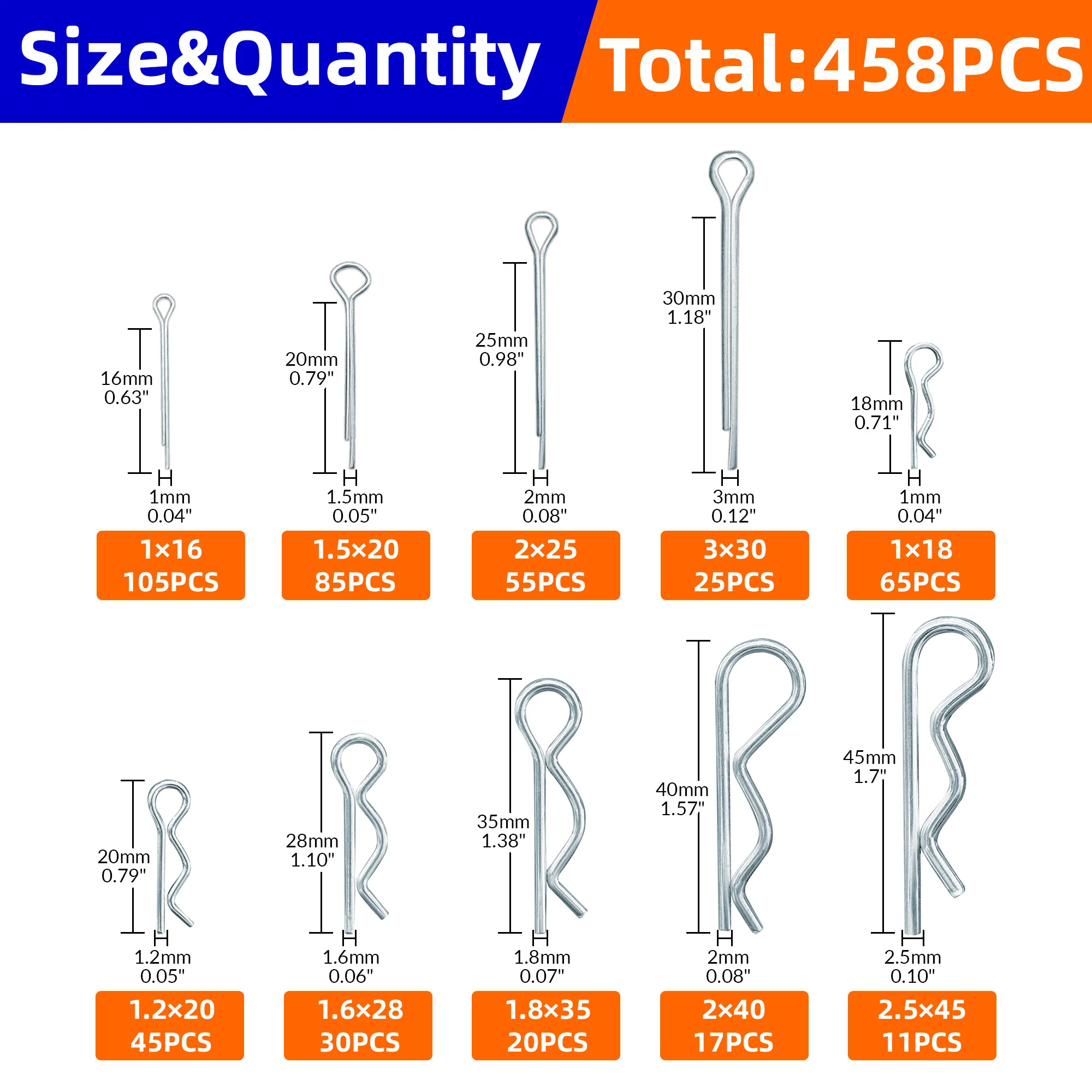 458pcs Cotter pin and R-pin assortment kits available in 10 sizes Locking Pin Split Pin Tractor Clip Mechanical Hitch Pin Carbon